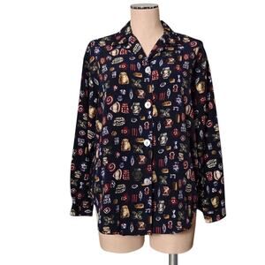Vintage 80's 90's Y2K PETITE IMPRESSIONS Navy Clay Jar Print Button Up Blouse PM